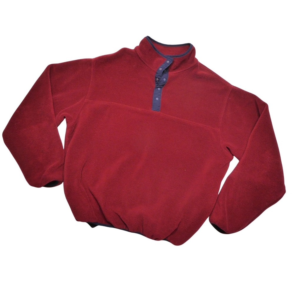 Vintage Lands' End Sweater Mens L Red Polyester Snap Mock Neck Fleece Pullover